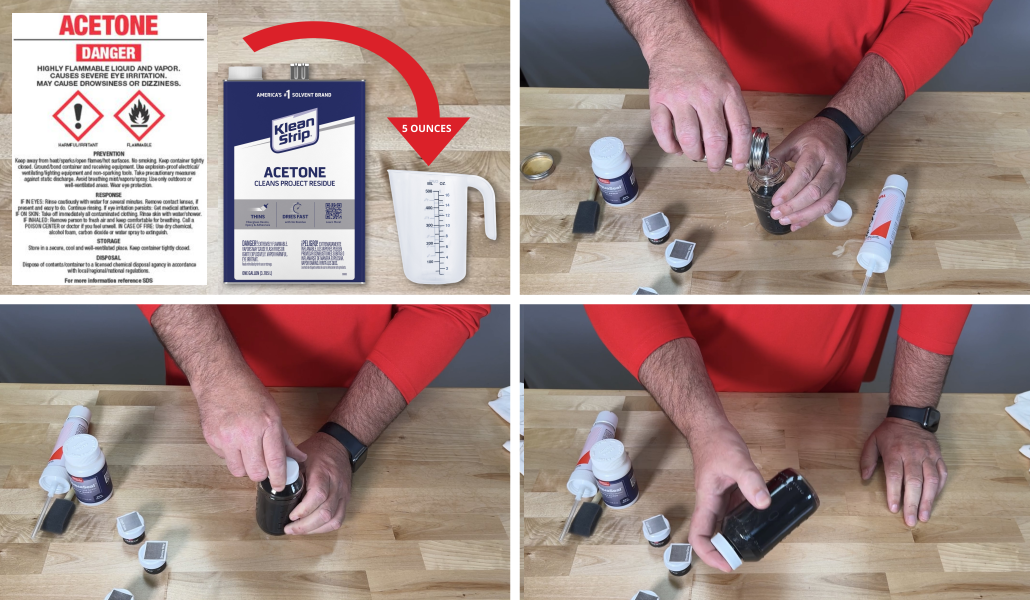 A series of images displaying the process of preparing a dye mixture with acetone and Vibrance™ Dye. The first image indicates measuring 5 ounces of acetone, followed by pouring it into the dye-filled Preval container, then sealing the container, and finally shaking the mixture.